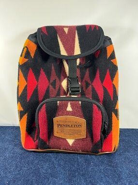 Pendleton Wool Nylon Mini Drawstring Backpack Southwestern Pattern Leather Patch